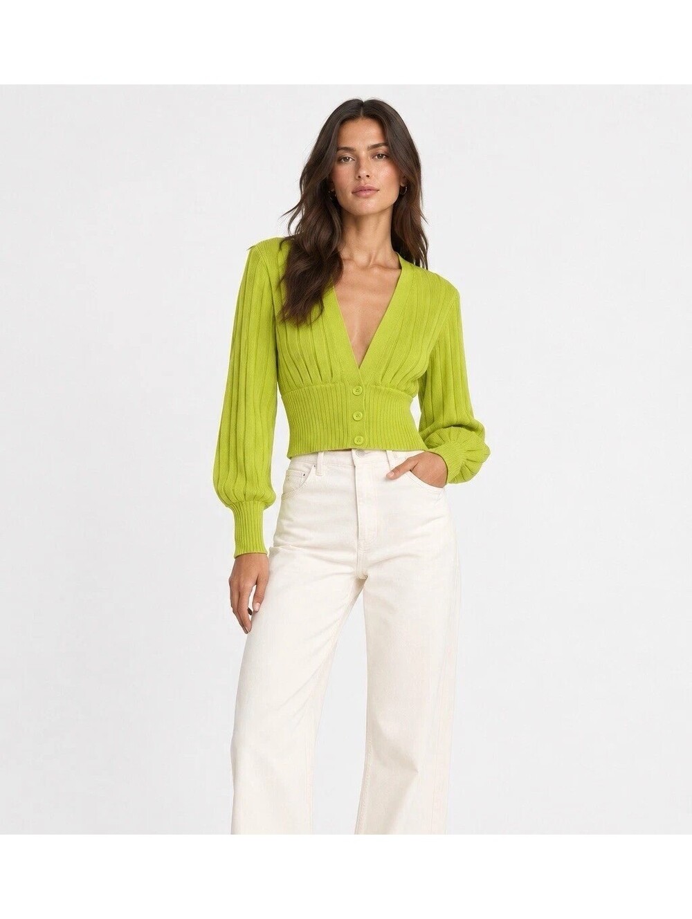 Aritzia Wilfred Free Wool Plunge Front Cardigan Chartreuse Lime Green Size XS